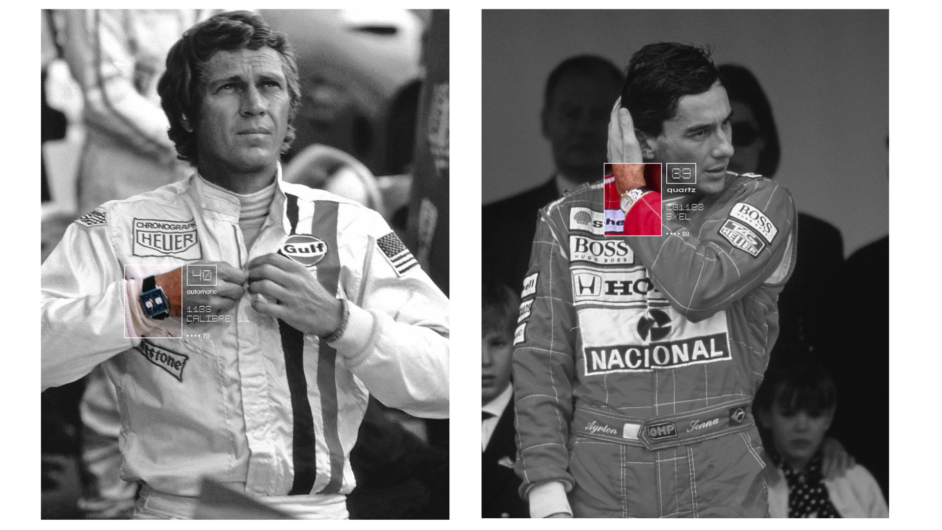 Steve McQueen and Ayrton Senna, wearing Tag Heuer timepieces.